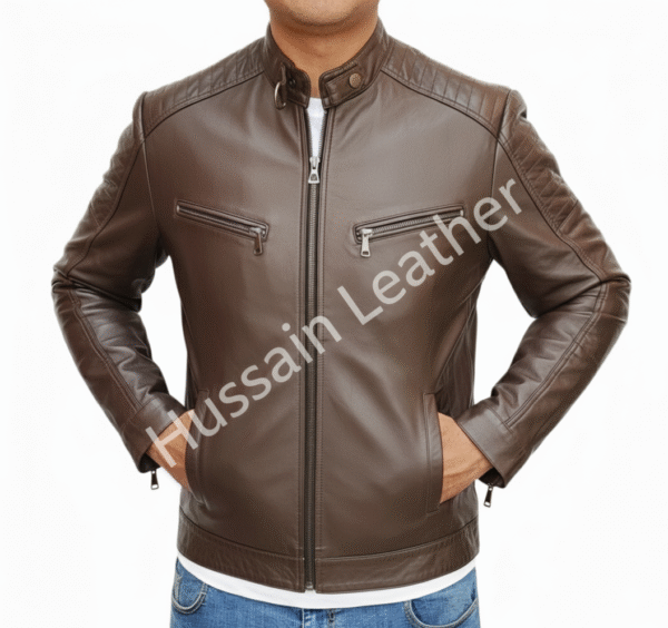 Brown Lambskin biker Leather jacket HS-Ron