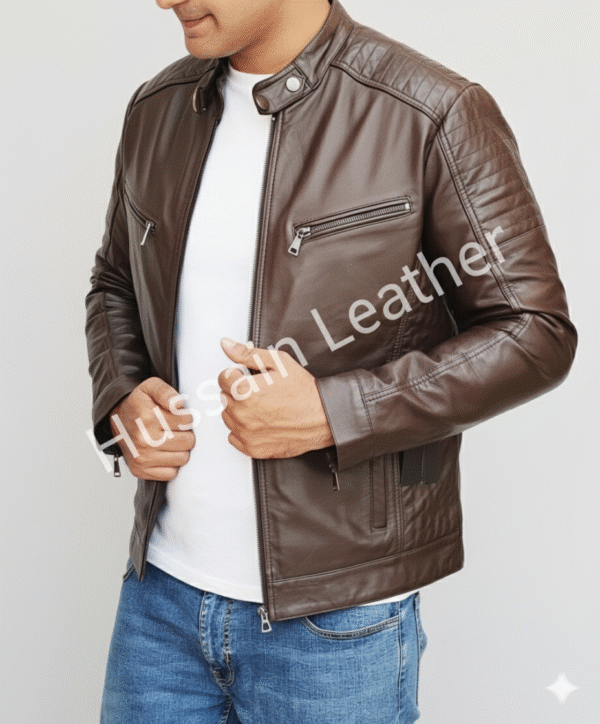 Brown Lambskin biker Leather jacket HS-Ron - Image 2