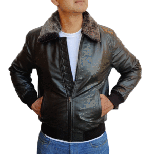 Men's Black Lambskin Bomber Jacket With Fur Collar