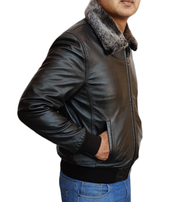 Men's Black Lambskin Bomber Jacket With Fur Collar