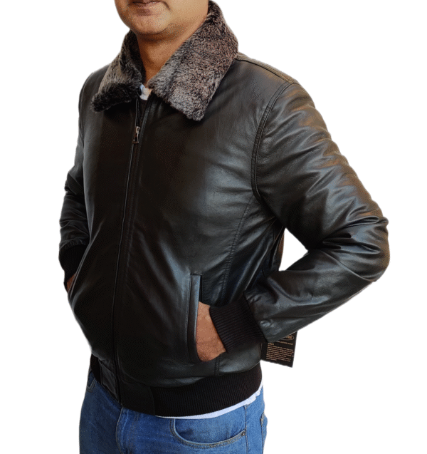 Men's Black Lambskin Bomber Jacket With Fur Collar