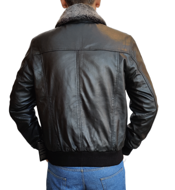 Men's Black Lambskin Bomber Jacket With Fur Collar